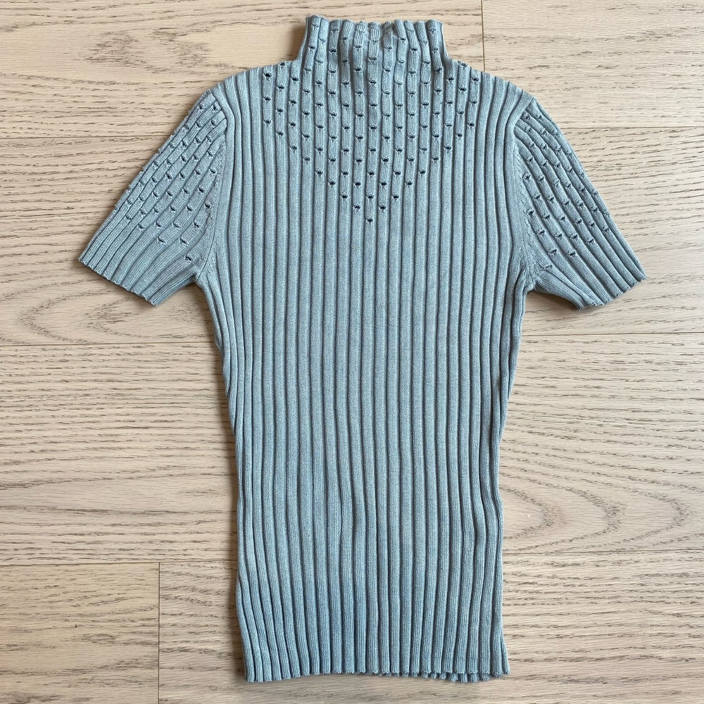 VENUS Short Sleeved Sweater, Ribbed Mock-Neck, Stretch, Eyelets, Muted Green, XS